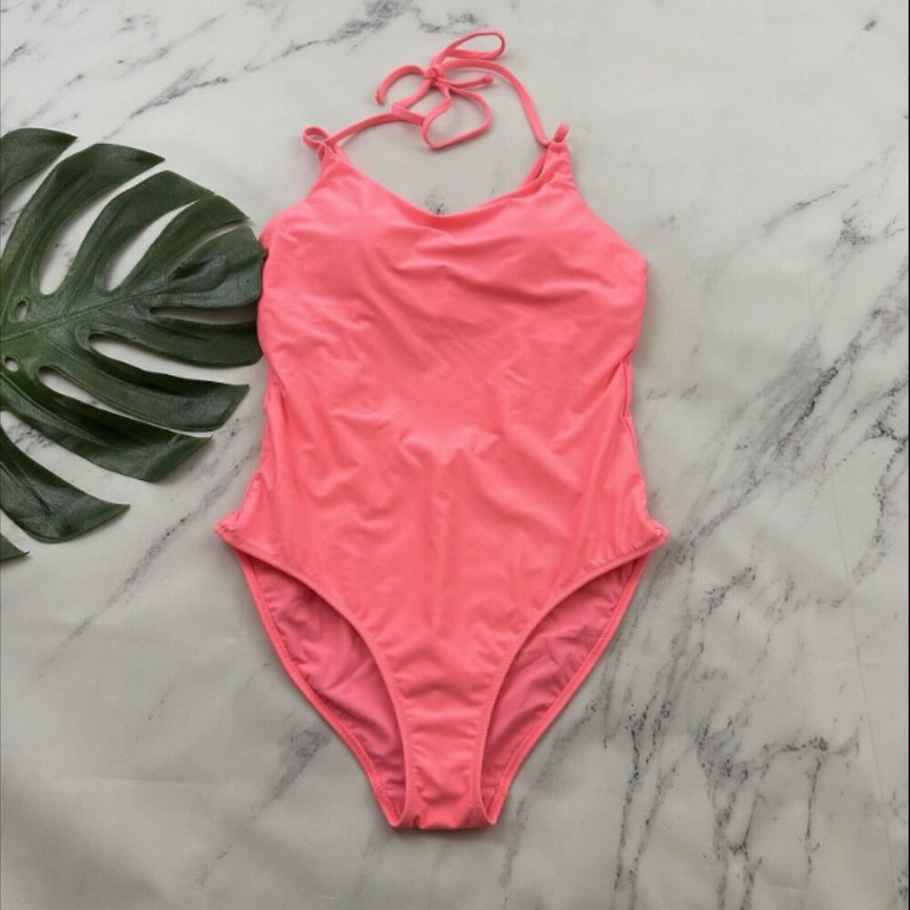 Athleta Womens Key Hole One Piece Swimsuit Size M Neon Pink Halter Strappy